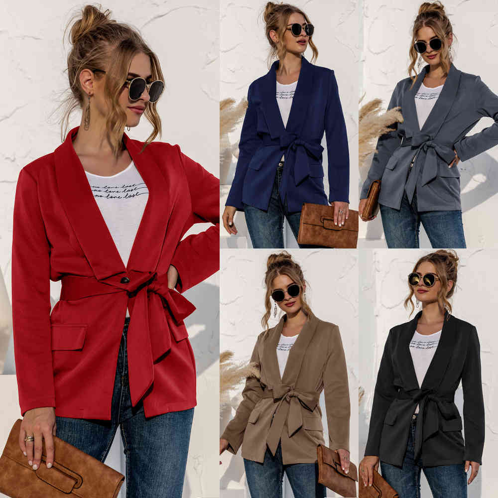 Women blazer jacket fashion Spring V-Neck Standard Lace Solid Pockets Casual Women's Blazer with belt OL female outwear 210524