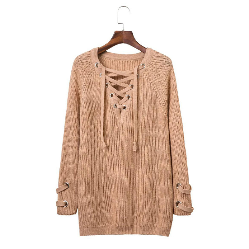 Autumn Christmas Sweater Pullovers Women Knitted Lace-up Sweaters Striped Bandage Knitwear Loose Casual Long Jumpers female 210419