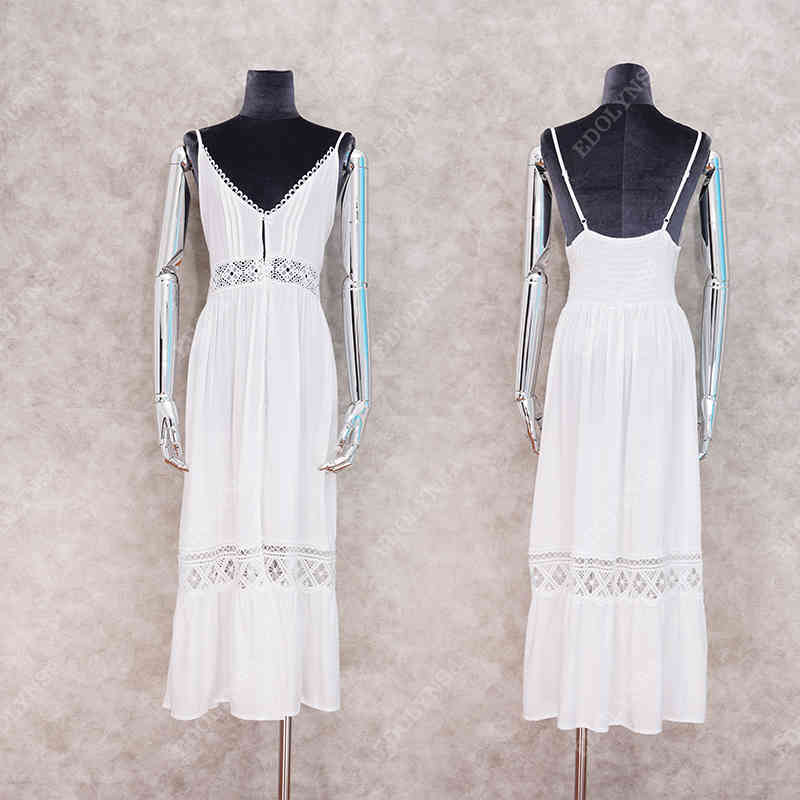 Cotton Patchwork Lace Beach Dress Long Cover up Vestido Bathing suit ups Sarong Robe de Plage Tunic #Q1037 210420