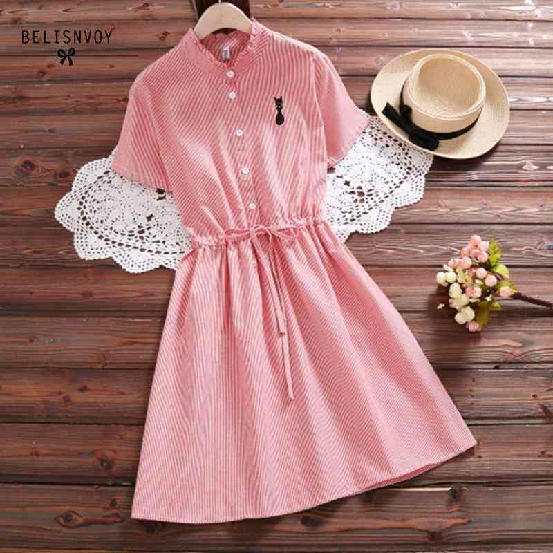 Mori Girl Summer Dress Fashion Women Cat Embroidery High Waist Cotton Dresses Female Casual Short Sleeve Striped Vestidos 210520, Blue
Mori Girl Summer Dress Fashion Women Cat Embroidery High Waist Cotton Dresses Female Casual Short Sleeve Striped Vestidos 210520, Blue