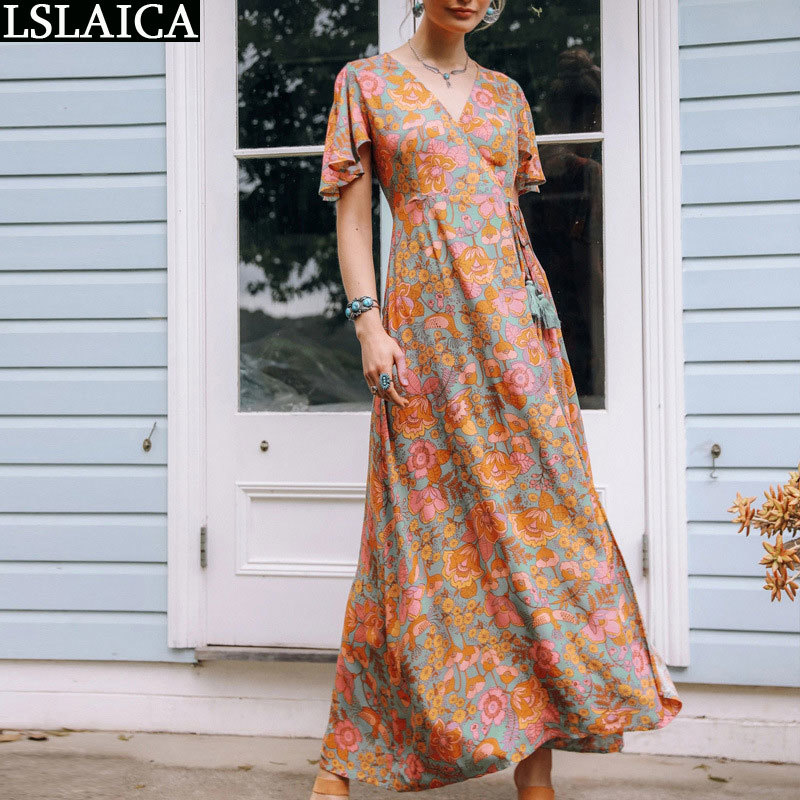 Party Dress Short Sleeve Floral Print Fashion Casual Lacing Up Ladies High Waist Beach Style Holiday Elegant Femme 210515