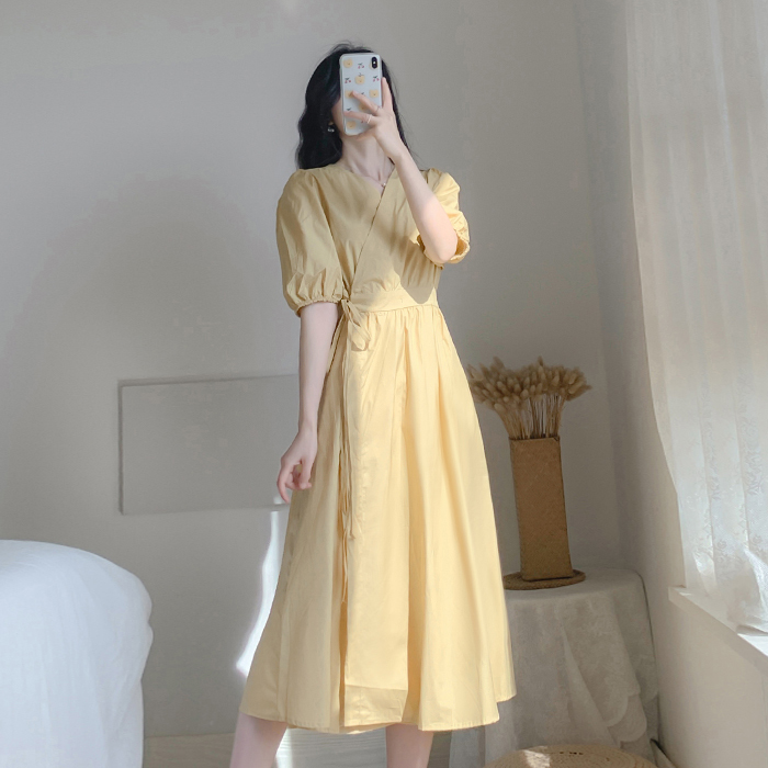 Women's Summer V-Neck Puff Sleeve A-Line Dresses Vintage Elegant Office OL Lace Up Casual Slim Long Dress Vestidos 210519