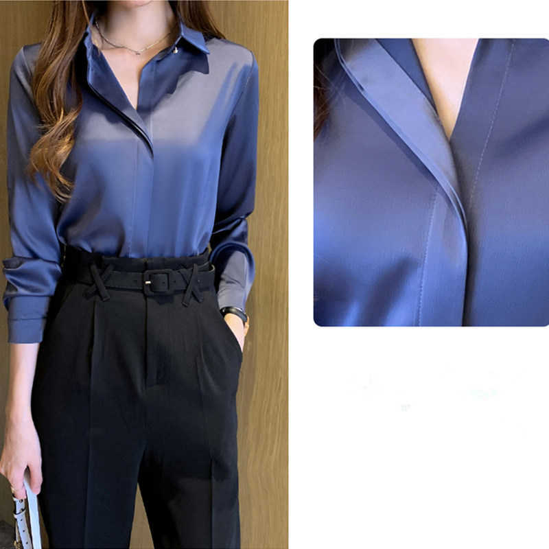 Women's White Silk Blouse Long Sleeve Stand Collar Office Lady Top Satin Basic Shirt Plus Size