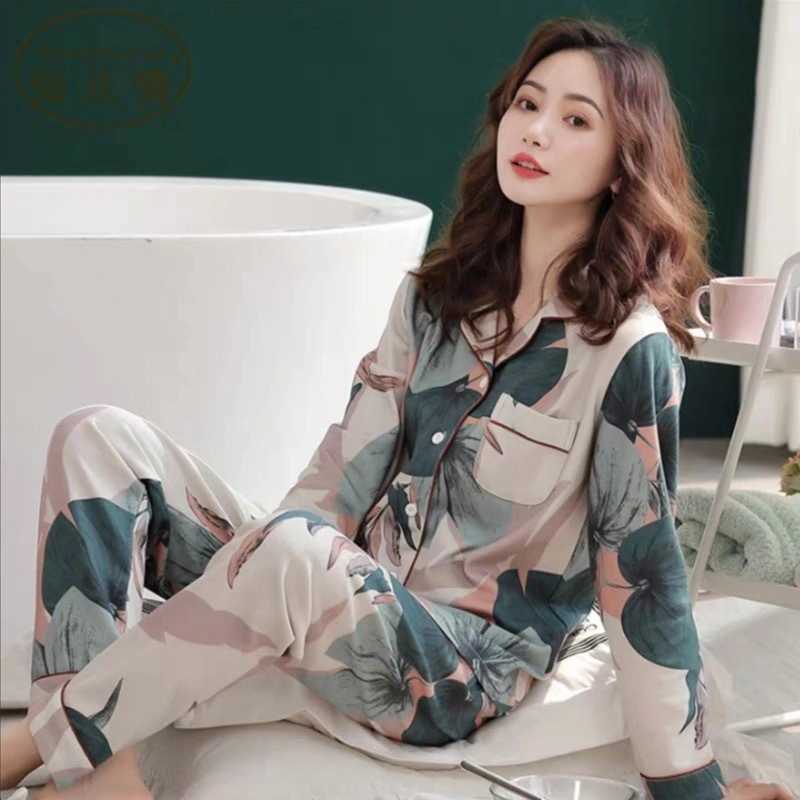Autumn Winter Sleepwear 2 Piece Sets For Women's Cotton Pajamas Turn-down Collar Homewear Large Size Pijama Pyjama Plus Size 210924