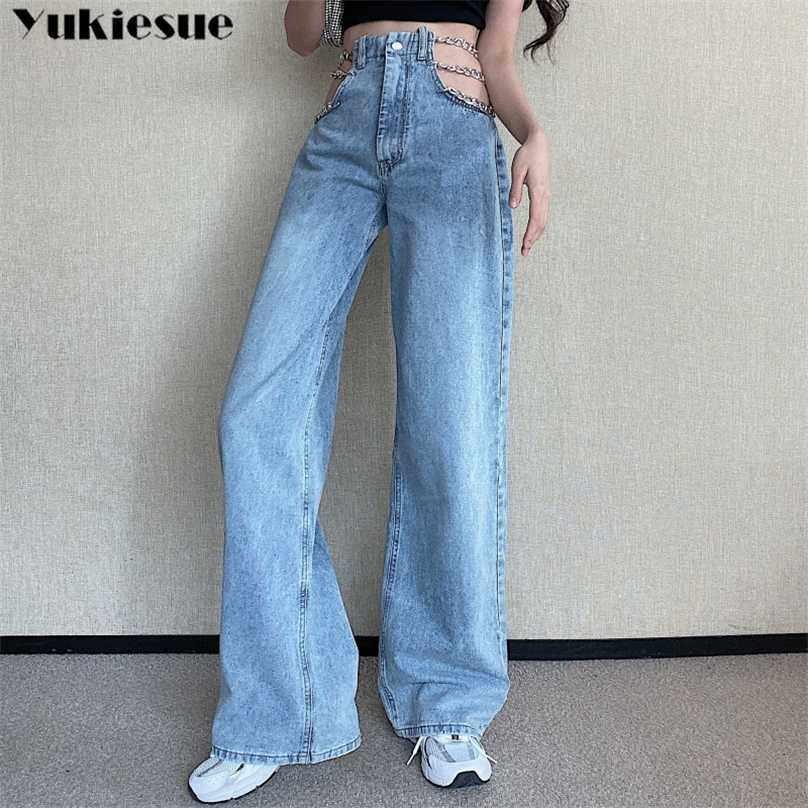 streetwear Side Cross Chain Hollow Out Wide-leg Women's Jeans High Waist Pants Sexy Elegant Ladies Europe Fashion Jeans woman 211112