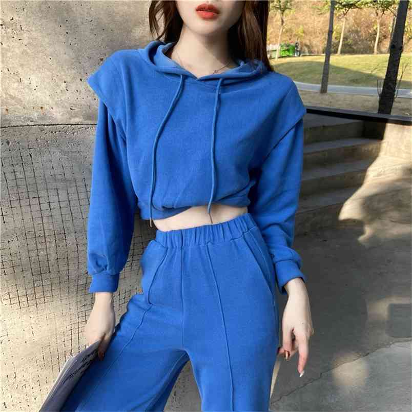 Casual Spring Hoodie Two Piece Set Women Solid Tracksuit Long Sleeve Short Tops And High Waist pants Suit Female 210519
