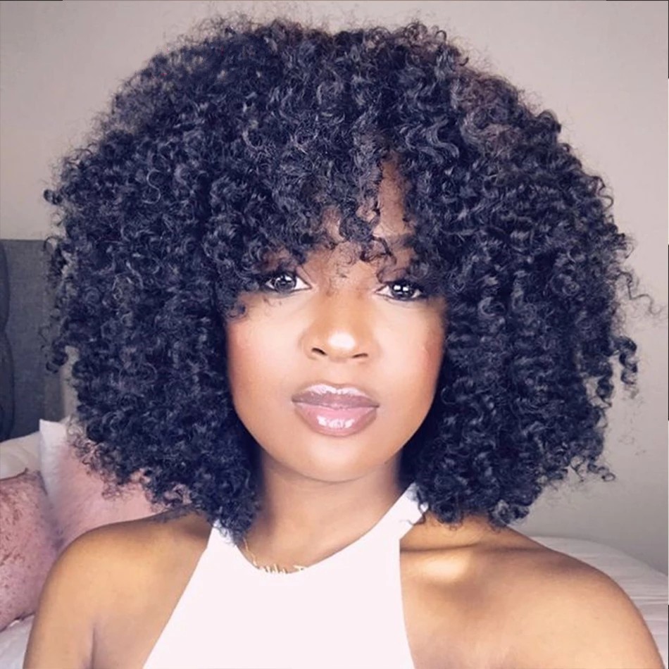 Short Hair Afro Kinky Curly Wig With Bangs For Black Women Cosplay Synthetic Natural Glueless Lace Front Wigs