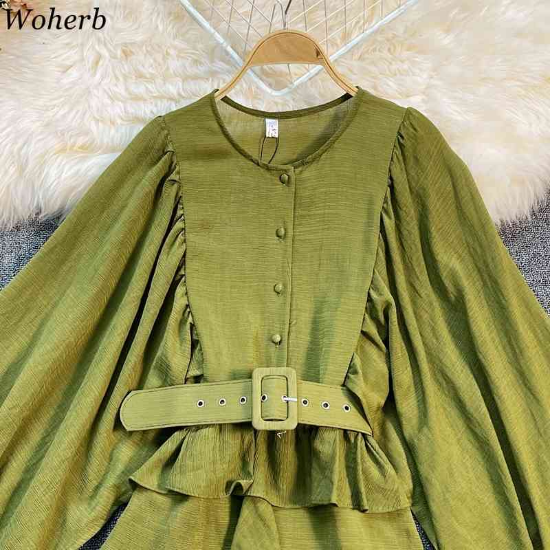 Korean Lantern Sleeve Women Dresses Irregular Ruffle Patchwork Vestidos Summer Robe Belt Slim Waist Sweet Mini Dress 210519