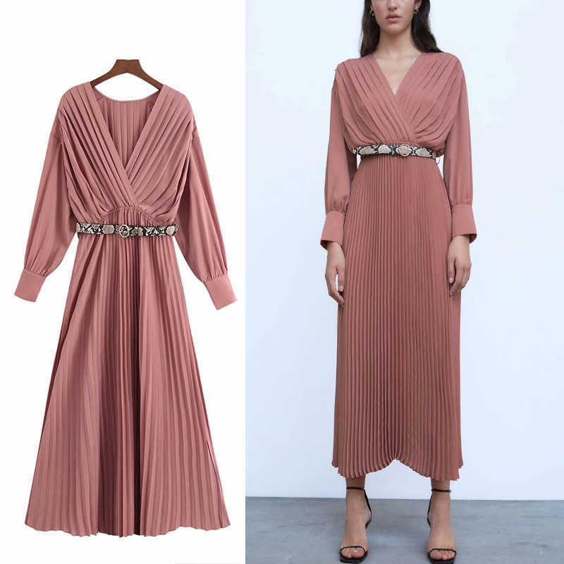 Za Pleated Midi Dress Women Wrap V-neck Long Sleeve Buckle Belt Long Holiday Dresses Female Elegant Party Dress 210602, As picture 
Za Pleated Midi Dress Women Wrap V-neck Long Sleeve Buckle Belt Long Holiday Dresses Female Elegant Party Dress 210602, As picture