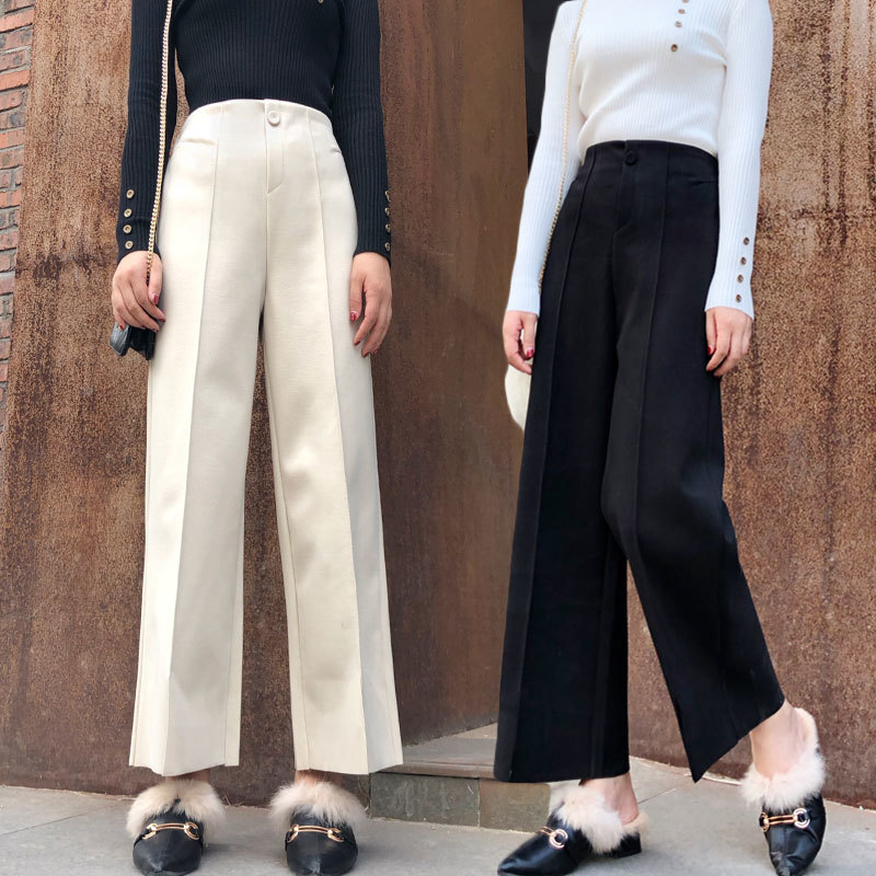 Elegant Women's Pants Korean Casual Woolen Warm for Women Thick Straight Trousers Wide Leg 210428