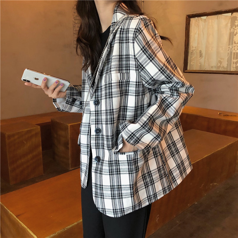 Retro Color-Hit Women Elegant Plaid Office Lady Pockets Geometric Loose High Street Sweet OL Fashion Blazers 210421