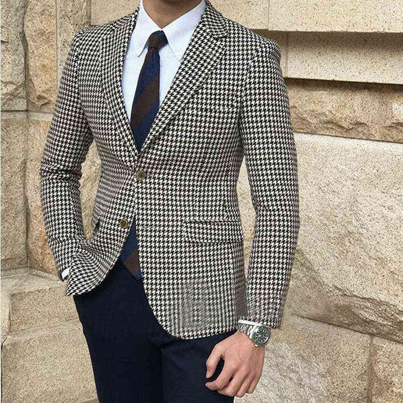Houndstooth Plaid Casual Blazer for Men Suit Jacket with 2 Side Slit Slim Fit Male Coat Fashion Clothes Arrival 211111