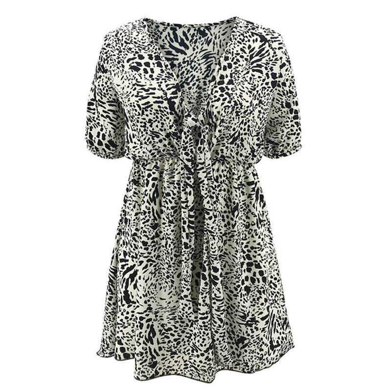 Fashion Women Summer A-Line Dress Sexy Deep V-Neck Lace Up Short Sleeve High Waist Black White Print Slim Pullover Mini Dresses 210526