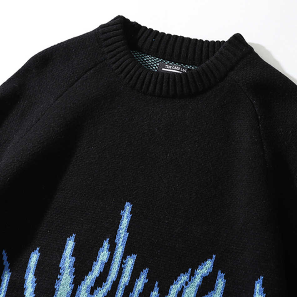 Autumn New Men's Retro Flame Pattern Hip Hop Sweaters Pull Over Spandex O-neck Oversize Couple Casual Streetwear Y0907