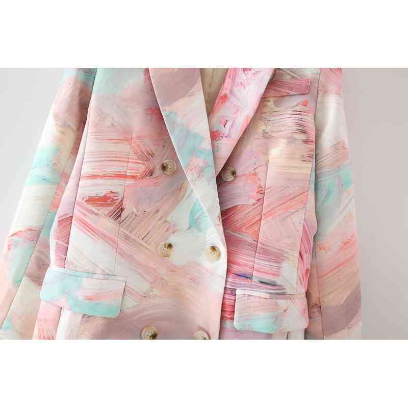 elegant women gouache graffiti blazer fashion double breasted jackets causal female print suits sweet girls chic sets 210527