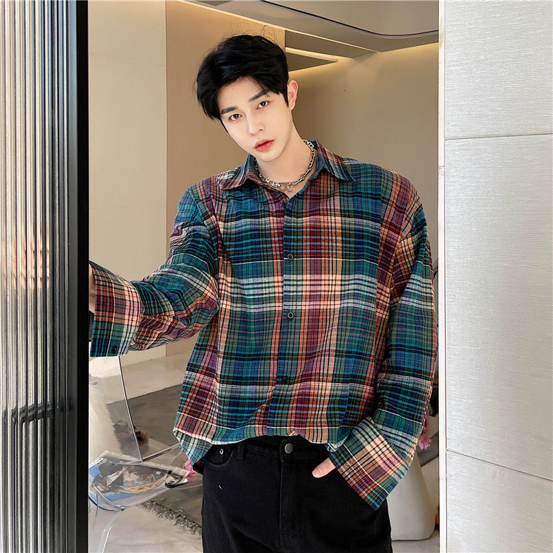 IEFB Men's Wear Vintage Red Plaid Long Sleeve Shirt Loose Big Size Turn Down Collar Single Breasted Blouse Tops For Male 9Y5552 210524