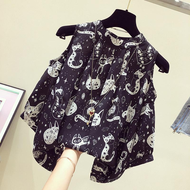 Plus Size S-4XL Chiffon Blouse Women Casual Loose S Sleeve Tops Shirt Cute Kawaii Cat Print Blusas Mujer 210519