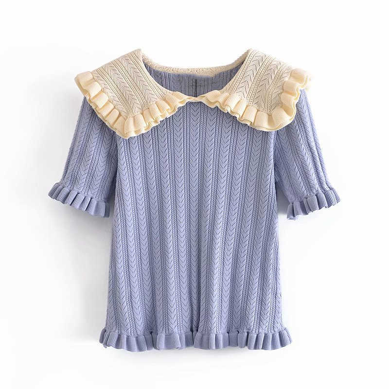 ZA Vintage Ruffle Knit Sweater Women Short Puff Sleeve Blue Spring Knitted Top Woman Fashion Streetwear Elastic Pullover 210602