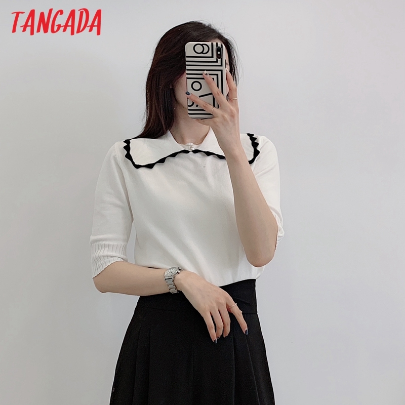 Korea Chic Women Oversized Collar Summer Sweater Short Sleeve Ladies Knitted Jumper Tops AI07 210416