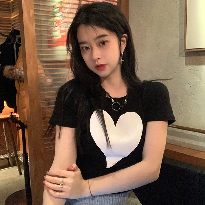 2Colors Summer korean style Big Love Short Sleeve t-shirt Womens Slim Cropped tops Tees shirt femme (F4279) 210423