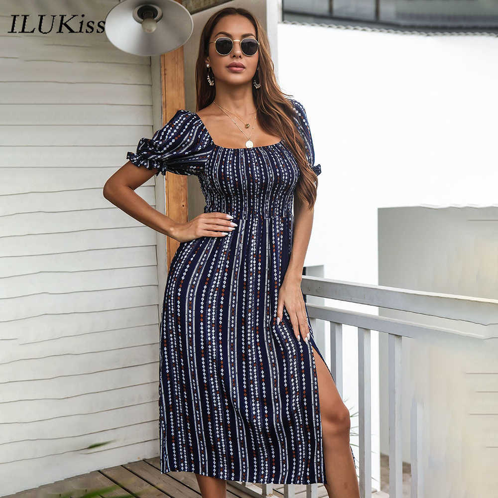 Vintage Short Sleeve Midi Dress Women Summer Fashion Casual Woman Off Shoulder Slim Print Office Ladies Dresses Elegant 210630