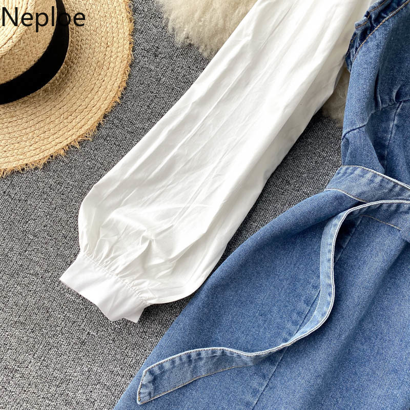 Neploe Korean Fashion Dresses for Women Puff Sleeve Sweet Ruffles Vestodps Patchwork Cowboy Contrast Color Lace Up Short Dress 210422