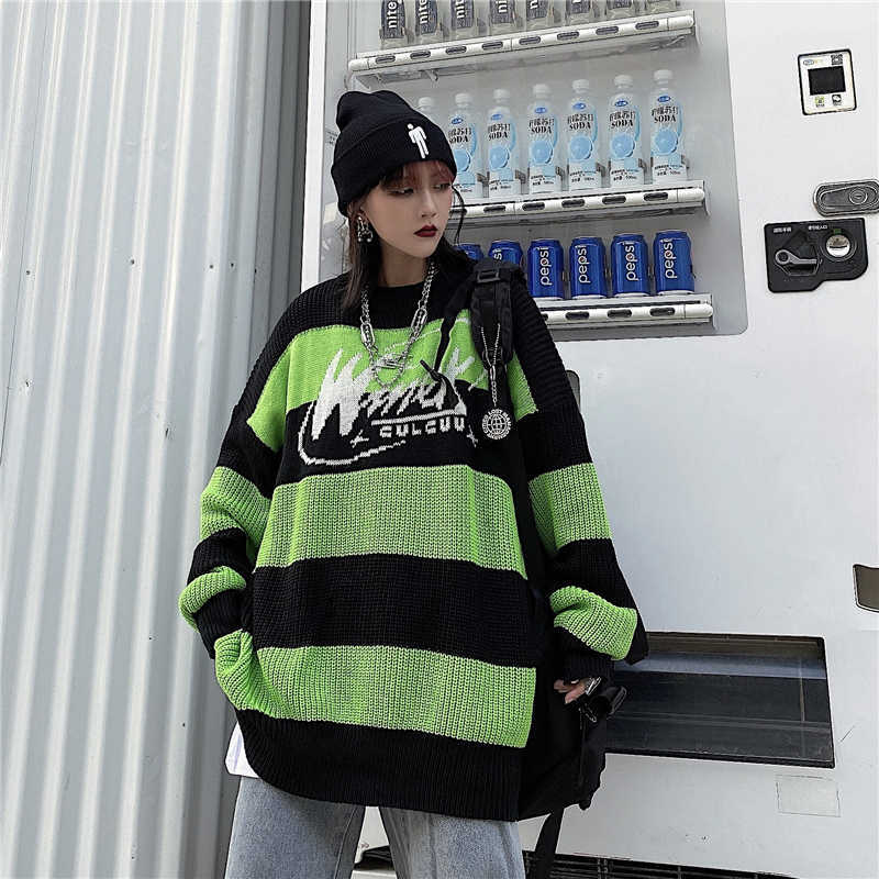 Women's sweater stripe letter casual tops harajuku pullover autumn drop vintage punk Hip hop streetwear Korean clothing 211011Z