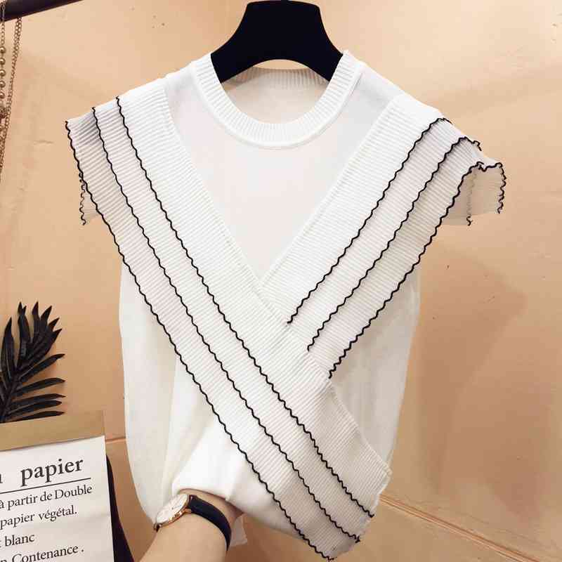 Three-layer ruffles chiffon patchwork ice silk knitted sweater women Korean o-neck thin pullover black white tops summer 210810wtt