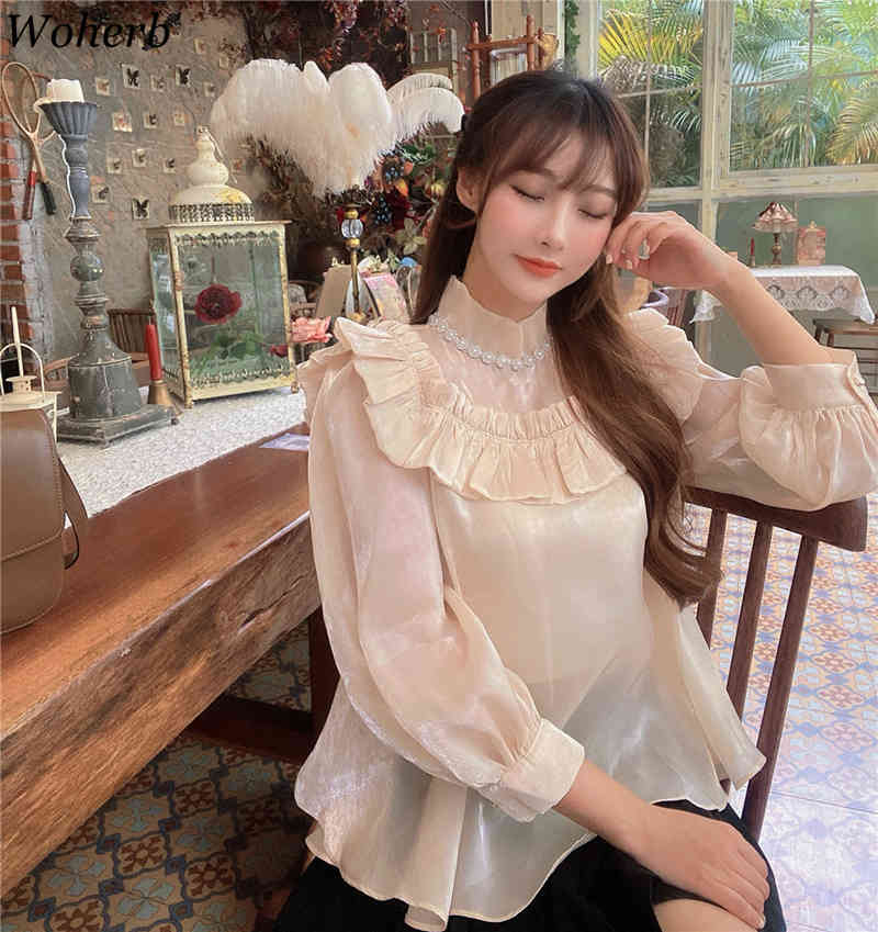 Elegant Glitter Blouse Women Ruffle Patch Turtleneck Long Puff Sleeve Blusas Casual All Match Beading Shirt Chic Top 210519