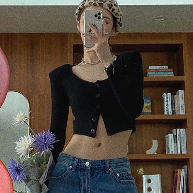 Shoulder Pads Exposed Clavicle O-neck Cardigan Slim Blouses Women Long Sleeve Solid Black Knitted Bottoming Short Tops 11911 210508