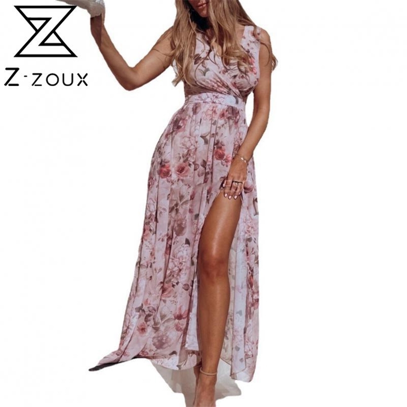 Women Dress Sleeveless V-neck Chiffon Bohemian Dresses For Plus Size Split Long Print Girls Summer 210513