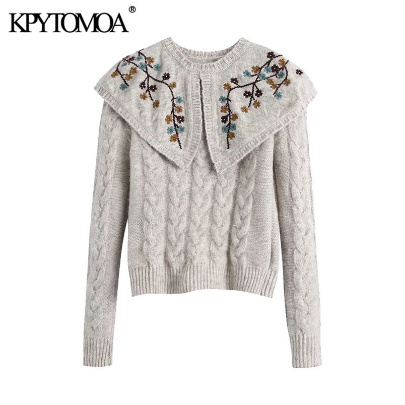 Women Fashion Embroidered Cropped Knitted Sweater Peter Pan Collar Long Sleeve Female Pullovers Chic Tops 210420