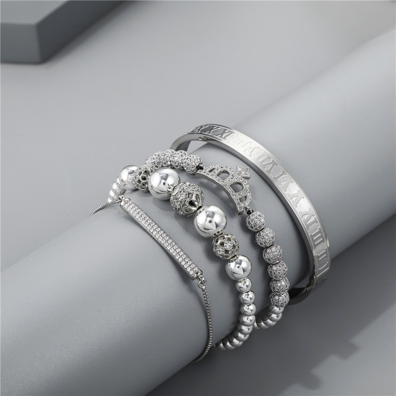 Classic Design Cool Diamond Ball CZ Crown Charm Bracelet Roman Numerals Bangles for Gift 4pcs/set