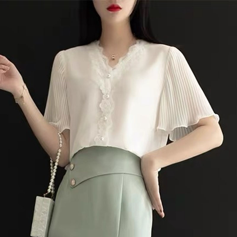 Short-sleeved Blouse Summer Chiffon Soft Lace Shirt V Collar White Top Ruffled Sleeve Women's and 14270 210427