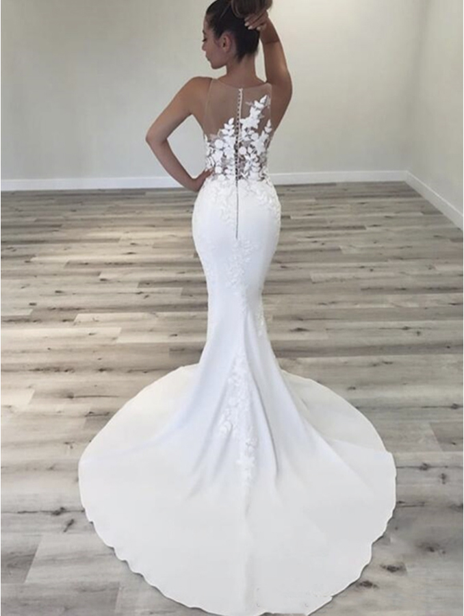 Flower Appliqued Lace Spandex Wedding Dresses Mermaid Sheer Neck Sleeveless 2021 Modern Bridal Gowns Swep Train vestido de noiva