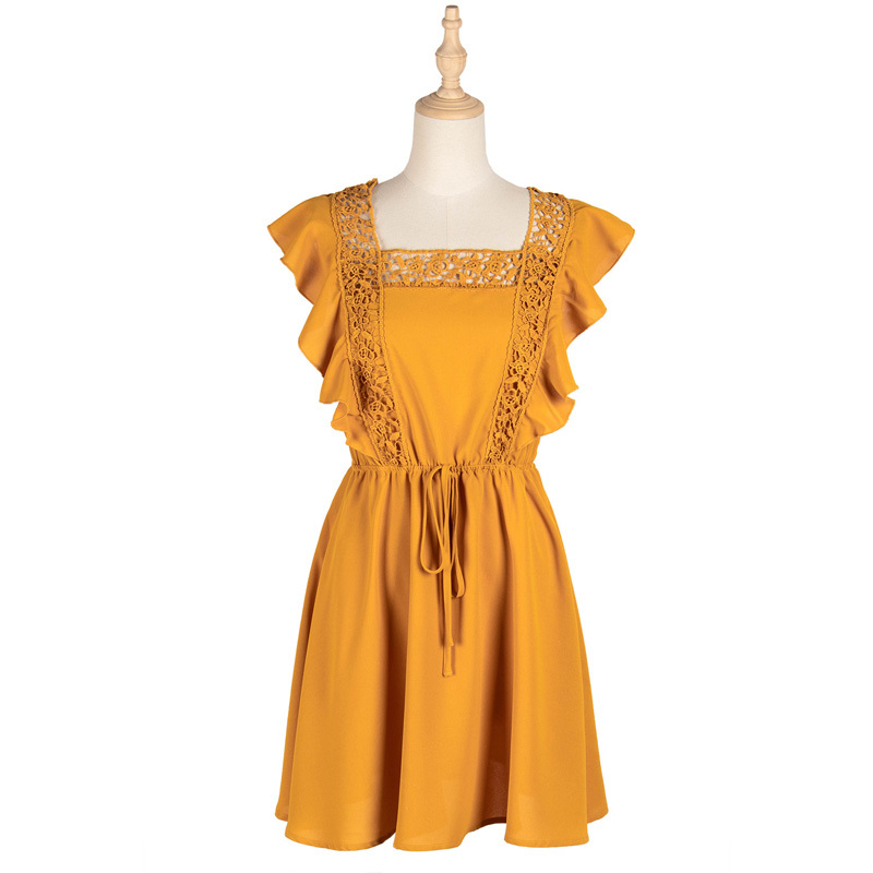 Square Collar Hollow out Drawstring Waist Ruffle Summer Dresses Women Holiday Style Backless Solid A-Line Mini Dress 210510