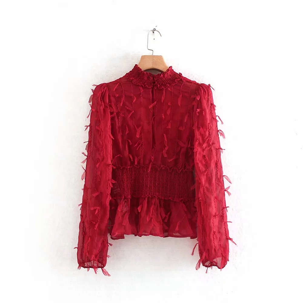 Tassels Decoration Chiffon Elastic Waist Women Shirt Leisure Lady Long Sleeve Blouse Loose Tops S6700 210430