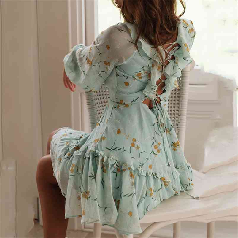 Foridol long sleeve sheer boho print dress women sexy backless lace up beach autumn dress floral green chiffon short dress 210415