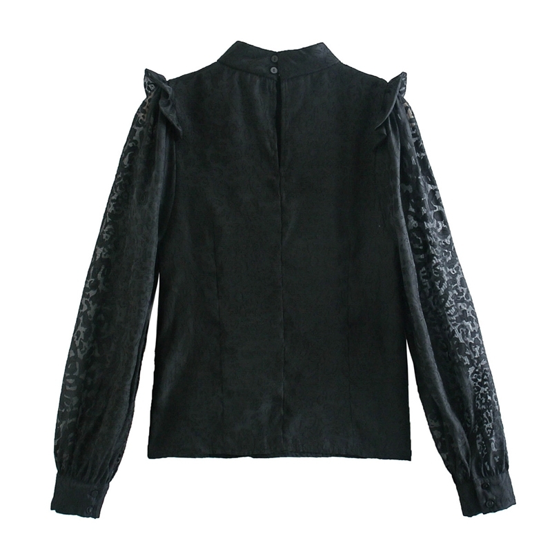 Elegant Women Leopard Lace Shirts Fashion Ladies Ruffles Patchwork Tops Streetwear Female Chic Puff Sleeve Blouses 210430