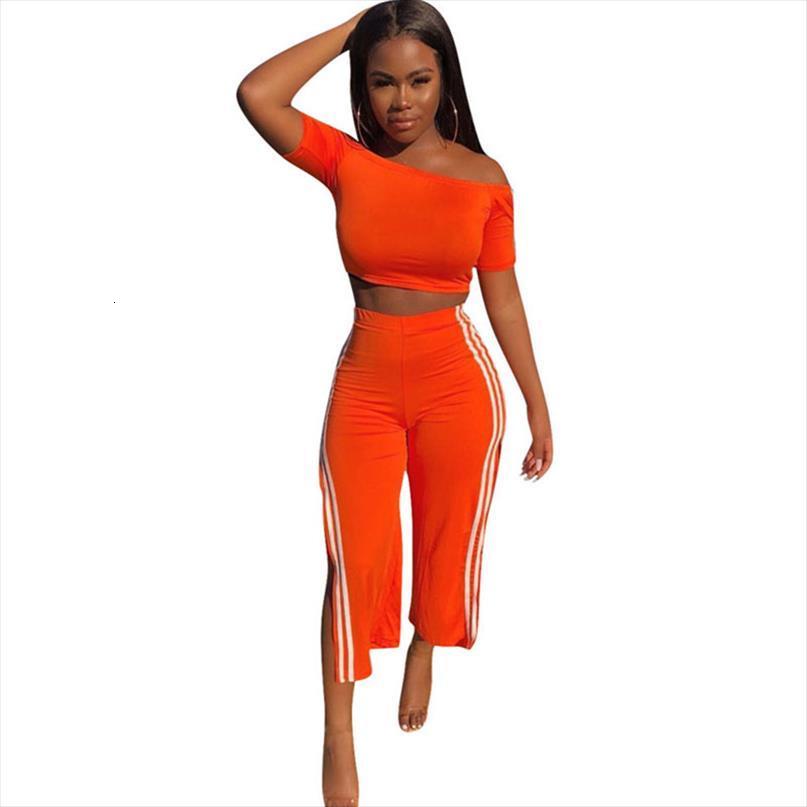 side striped two piece womens pants sets slash neck off the shoulder crop split ankle length casual sweat, White