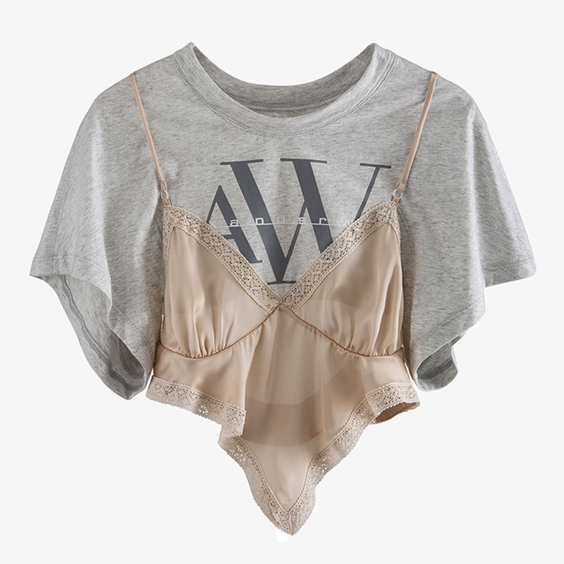 VGH Elegant Patchwork T Shirt Women O Neck Short Sleeve Asymmetrical Hit Color Print Lace Up Irregular Hem T-shirts Female 210406