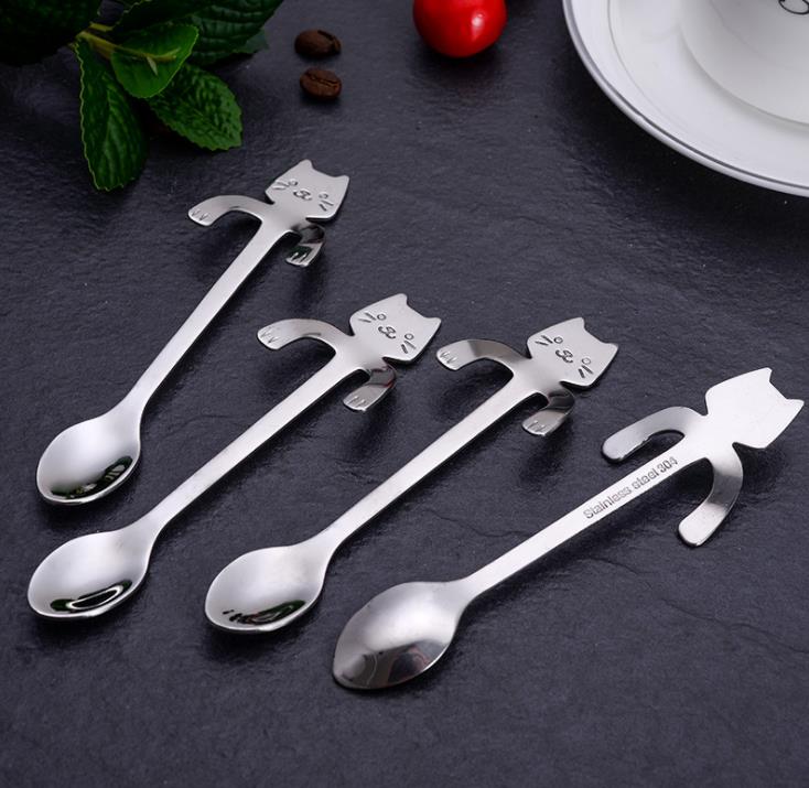 500pcs Stainless Steel Coffee Tea Spoon Mini Cat Long Handle Creative Hanging Spoons Drinking Tools Kitchen Gadget Flatware Tableware SN2503
