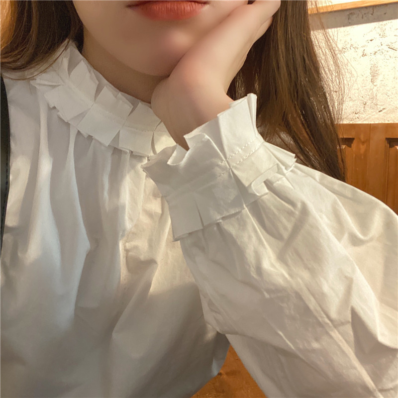 Nomikuma Women Blouse Korean Pleated Ruffle Puff Long Sleeve O-neck Pullover Shirt Autumn New Causal Blusas Mujer 6C619 210427