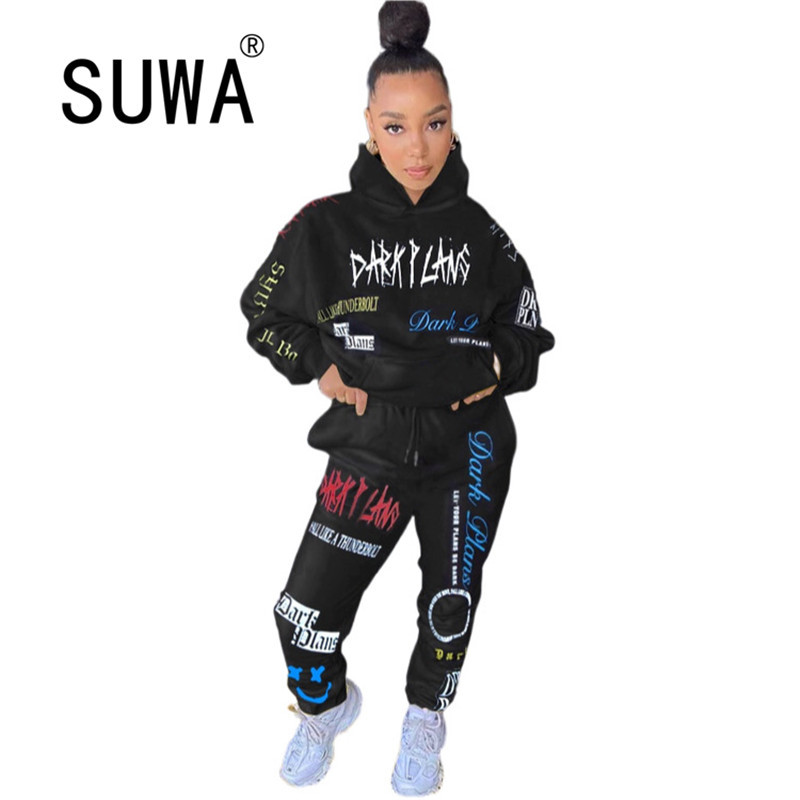 

Sportwear Trendy Chic Graffiti Sweatsuit Women's Set Hoodies Jogger Pants Active Tracksuit Two Piece Fitness BF Style Outfit 210525, Black