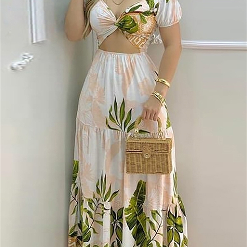 Summer Women Elegant Off Shoulder Party Long Dresses Vacation Holiday Tripical Print Cropped Maxi Dress Womens Formal Dresses 210716