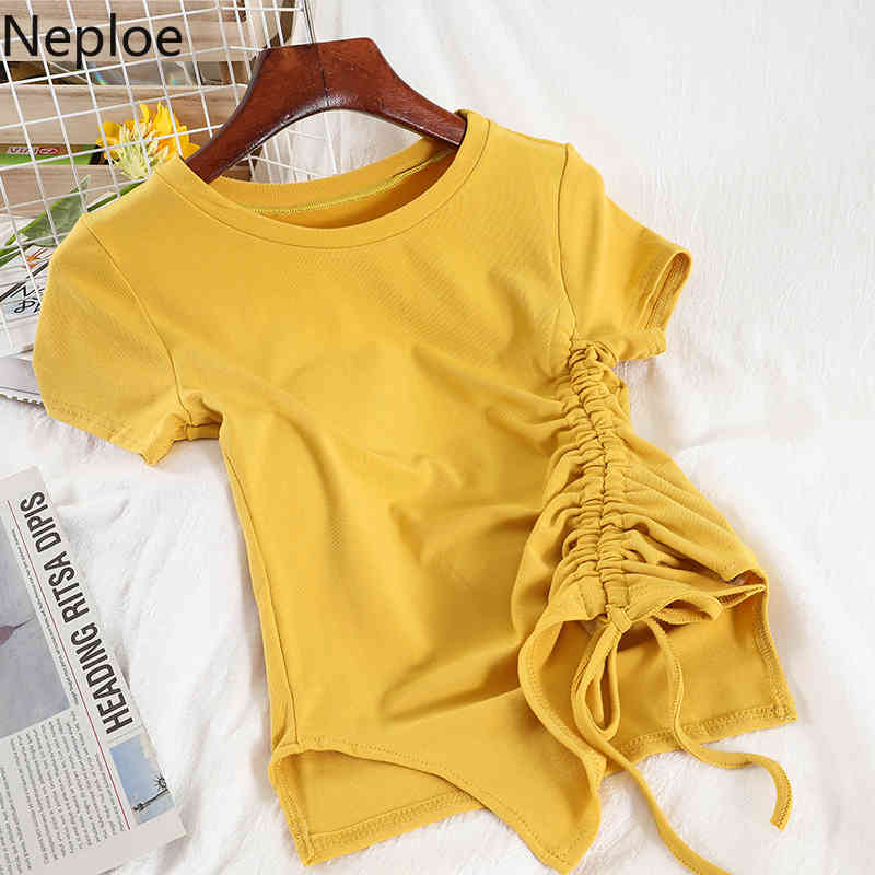 Neploe Solid Thin T Shirt Women Summer Fashion Korean Female Tees O Neck Sweet Irregular Short Sleeve Drawstring Tops 4h877 210422