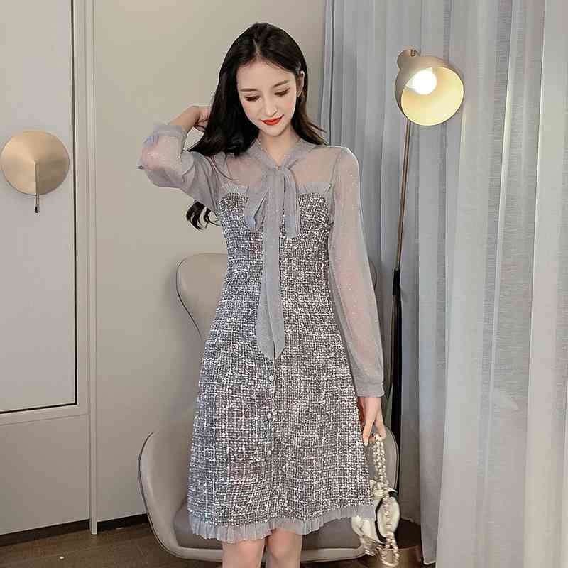 Autumn And Winter Sexy See-Through Mesh Tweed Dress Ribbon Bow Single-Breasted Long Sleeve Chic 210520