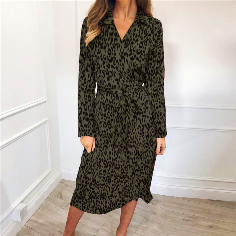 Women Leopard Dress Sexy Bandage Party Long Dresses Vintage Long Sleeve Beach Chiffon Dress Sundress Vestidos de fiesta 210419