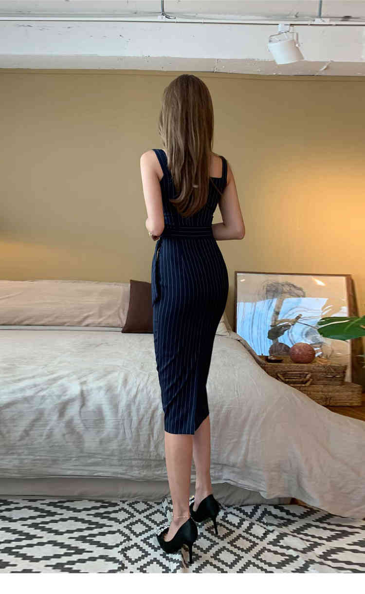 Double-breasted Belted Sheath Pencil Dress Women Summer stripe Dresses OL Business Work Wear To Office Vestidos 210518
