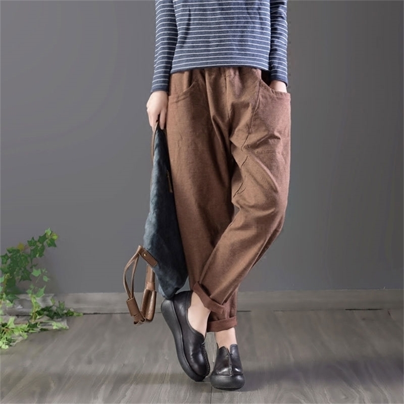 Spring Autumn Women Pants Plus Size Elastic Waist Solid Cotton Linen Harem Loose All-matched Casual Trousers Femme D154 210512